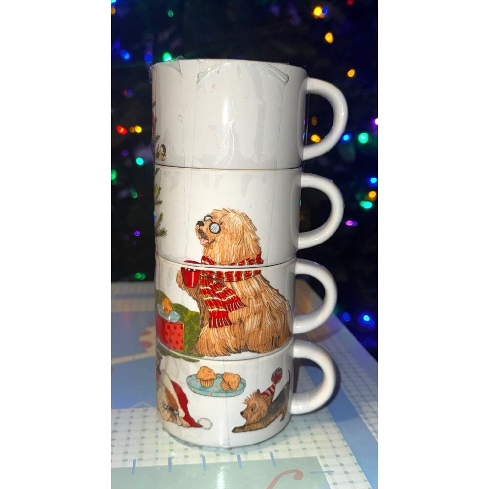 Stackable Christmas Dog-Themed Ceramic Mugs Set Of 4 (No Metal Rack)